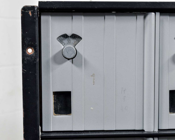 Salsbury 3620 combination lock dial close-up – numbered dial face with handwritten number on door face