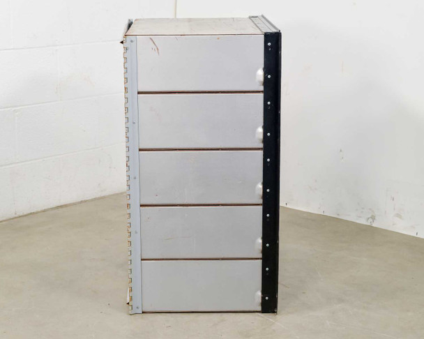 Salsbury 3620 mailbox side profile view – left side showing gray aluminum panels and black anodized frame