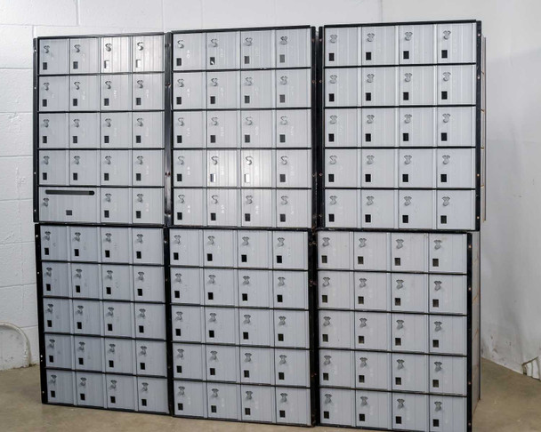 Salsbury 3620 mailbox lot – alternate angle of all 6 units in two rows showing full door array with combination locks