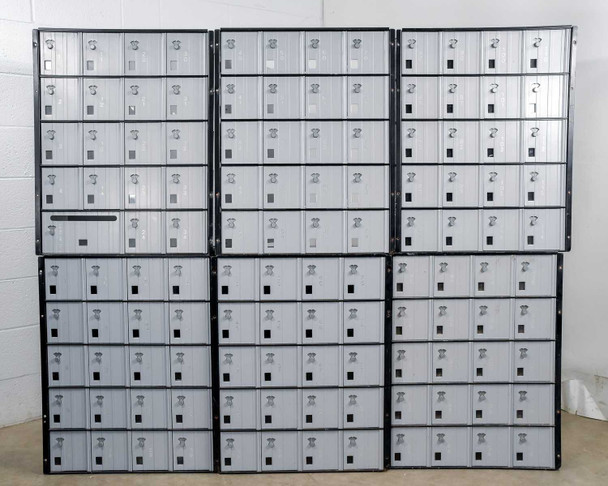 Salsbury 3620 mailbox bank lot – all 6 units arranged in two rows showing full array of combination lock doors