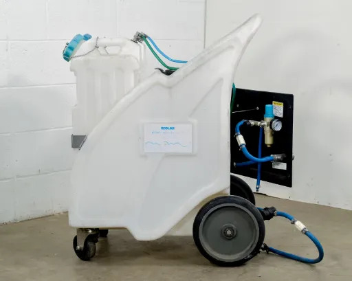 Ecolab EZBlend Boost Foam Unit – right-rear three-quarter view showing pressure regulator panel, blue hose, and Ecolab label on tank side