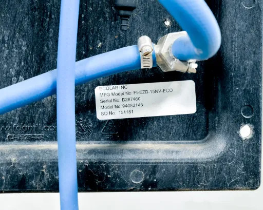 Ecolab FI-EZB-15NV-ECO label close-up – showing MFG Model No. FI-EZB-15NV-ECO, Serial No. B287460, Model No. 94062145, SO No. 131181