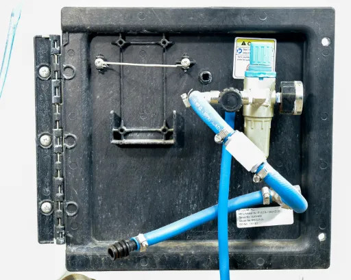 Ecolab EZBlend Foam Unit – interior panel open showing pressure regulator with gauge, blue hose connections, and mounting bracket