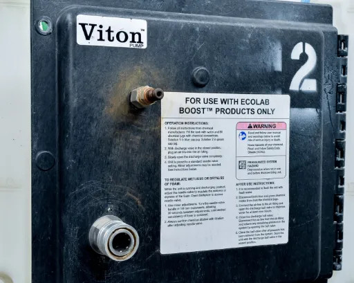 Ecolab EZBlend Foam Unit – close-up of Viton pump enclosure showing operation instructions label and 'For Use with Ecolab Boost Products Only' warning
