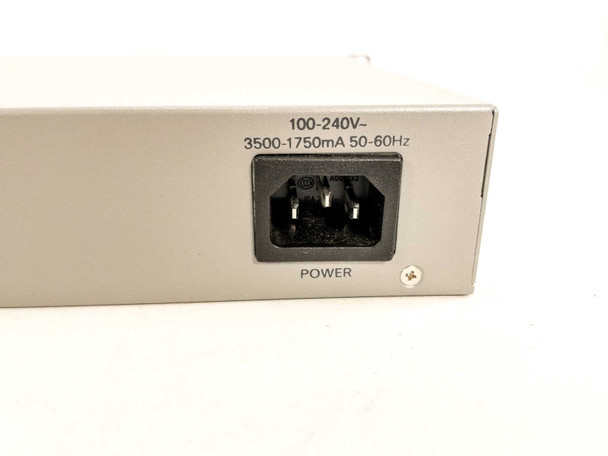 Cisco SG250-26P rear power inlet showing IEC C14 connector rated 100-240V, 3500-1750mA, 50-60Hz