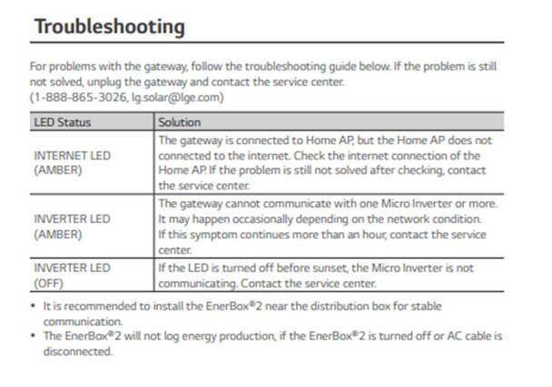 LG EnerBox 2 troubleshooting guide showing LED status indicators and recommended installation notes for Internet and Inverter LEDs