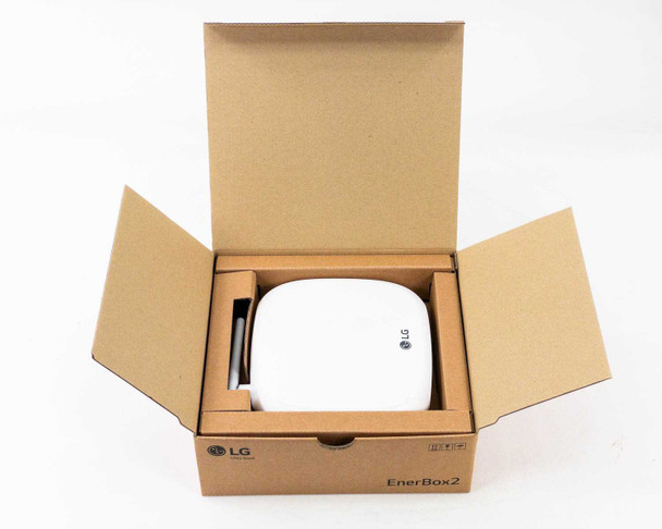 LG EnerBox 2 HGQQMSD10 gateway unit seated in original cardboard packaging insert inside open retail box