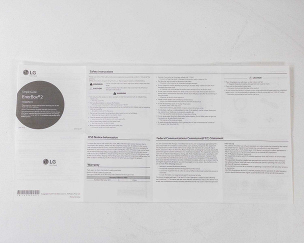 LG EnerBox 2 Simple Guide quick start sheet showing safety instructions, OSS notice, FCC statement, and warranty information