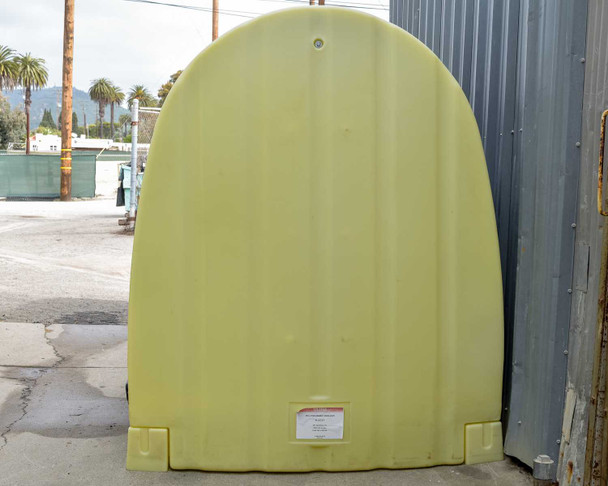 ULine H-5737 spill containment shed – left-side view, doors closed, smooth yellow polyethylene exterior and product label visible at base