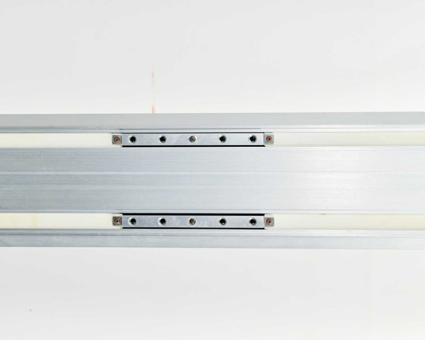 Adept L12 linear slide rail close-up showing twin aluminum guide rails and carriage mounting blocks