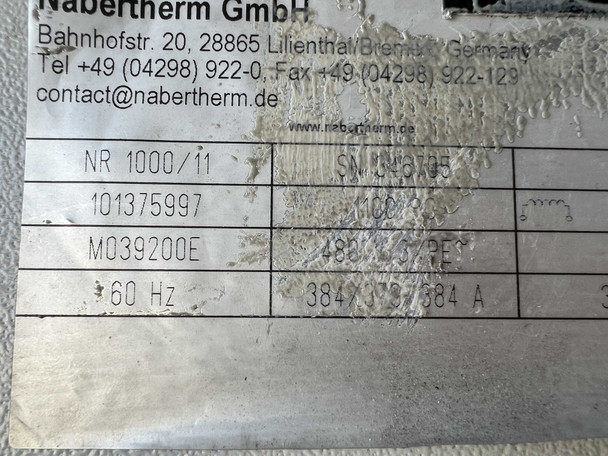 Nabertherm NR 1000/11 nameplate close-up showing model NR 1000/11, MPN 101375997, M039200E, 480V 3-Phase, 60Hz, 384A, 305kW