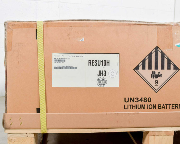 LG Chem RESU10H shipping box front face showing RESU10H JH3 C label, QA Accept stamp, UN3480 Lithium Ion Batteries hazmat class 9 diamond label