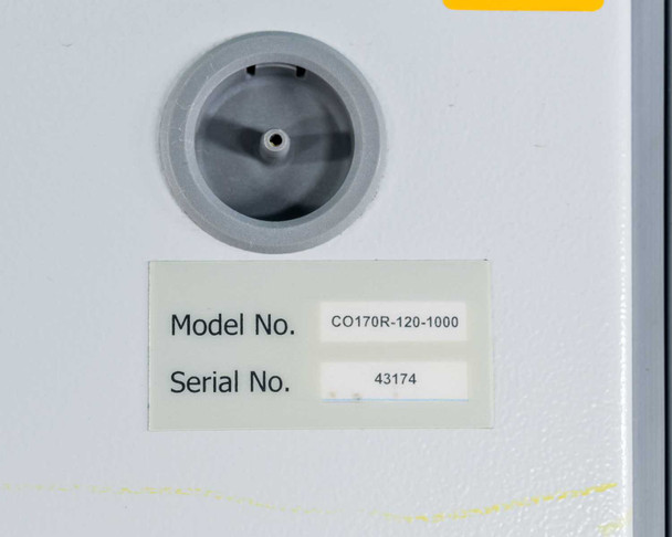 Label closeup showing Model No. CO170R-120-1000 and Serial No. 43174