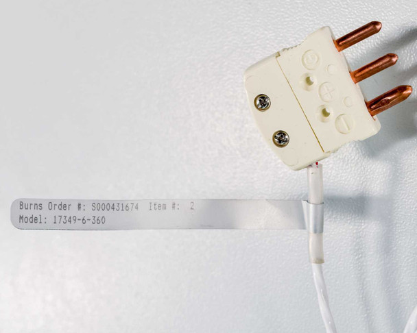 Thermocouple connector close-up — label reads Burns Order S000431674 Item 2 Model 17349-6-360