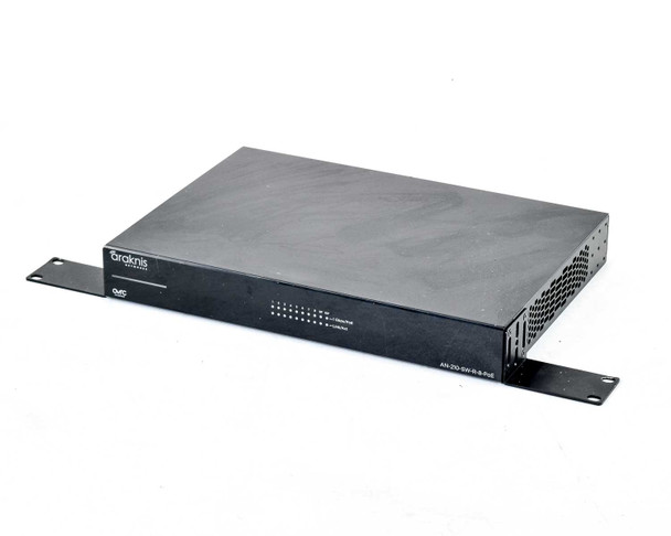 Araknis AN-210-SW-R-8-PoE managed gigabit switch — three-quarter front/top view with rack ears attached