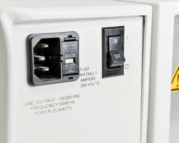 Labsphere RSA-HP-8453 rear panel — IEC AC inlet, on/off switch, fuse rating 1 Ampere 250V label, line voltage 110/220 VAC 50/60 Hz 25 Watts label