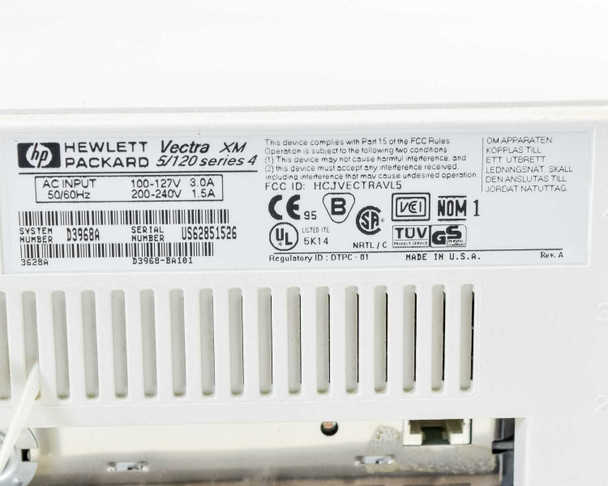 HP Vectra XM 5/120 Series 4 rear label — AC input 100-127V 3.0A / 200-240V 1.5A 50/60Hz, System Number B39684, Serial No. US62851526, Made in USA, Rev. A