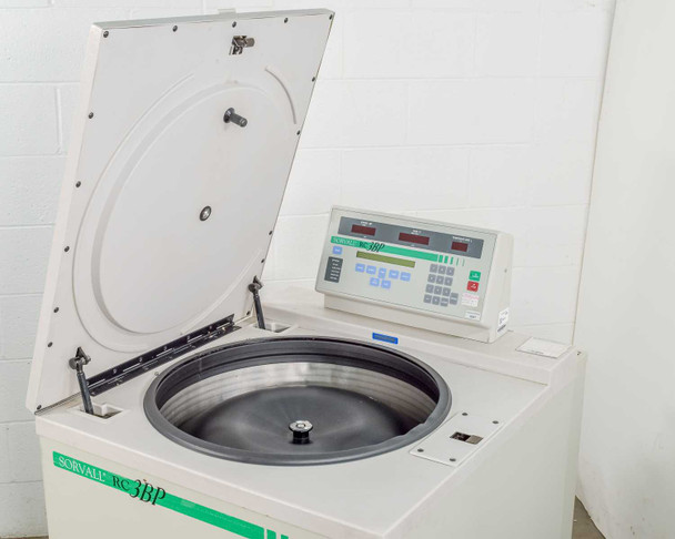 Sorvall RC-3BP lid open showing full rotor chamber, H6000A rotor installed, control panel visible at rear right