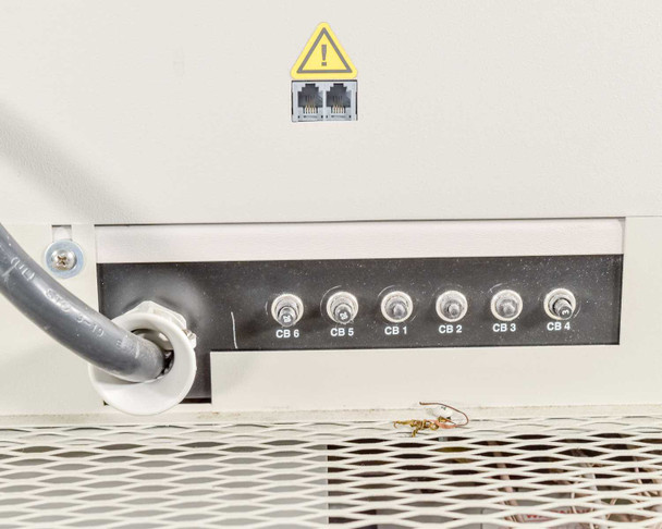Sorvall RC-3BP rear lower panel showing six circuit breakers (CB1–CB6), power cable entry, and RJ45 communications ports