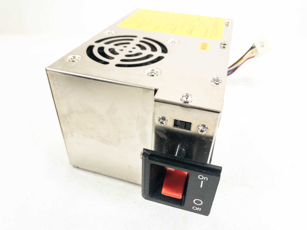 Side view of A-Matic UE-8908 power supply showing rear-mounted red On/Off rocker switch