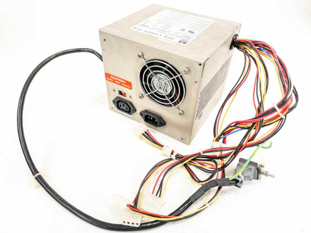 DTK Computer PTP-2001 200W AT switching power supply – full unit showing brushed metal enclosure and output wire harness with Molex connectors