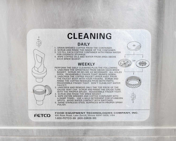 Fetco CBS-61H cleaning instruction placard showing daily and weekly cleaning procedures for brewer and dispensers