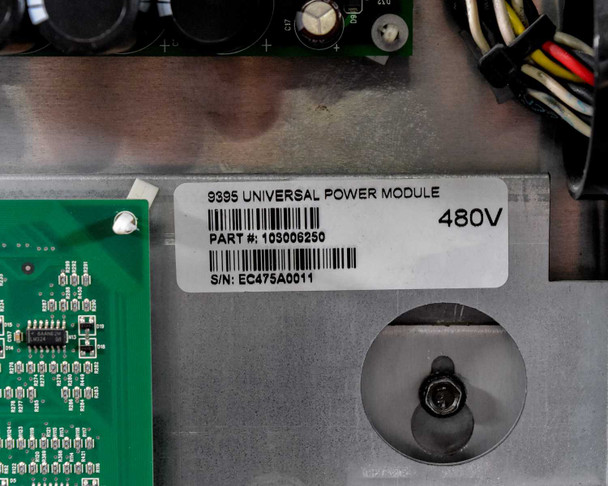 Eaton 9395 Universal Power Module label showing part number 105006250 and 480V rating