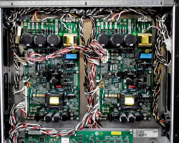 Eaton 9395-275 interior showing dual power control boards at 480V with capacitor arrays and wiring