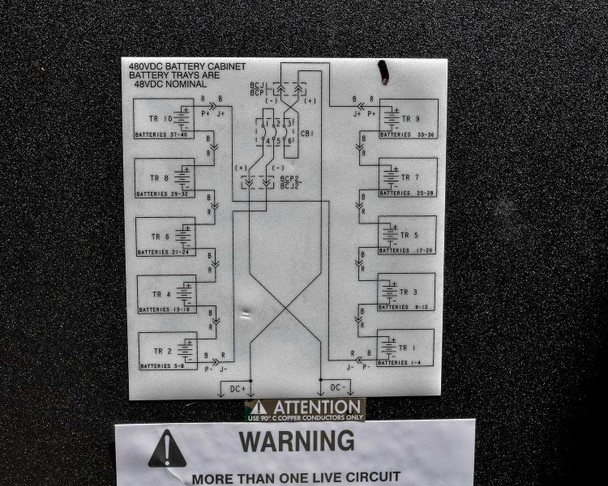 Wiring schematic label on cabinet interior – 480VDC battery cabinet wiring diagram; battery trays 48V nominal; attention and warning labels