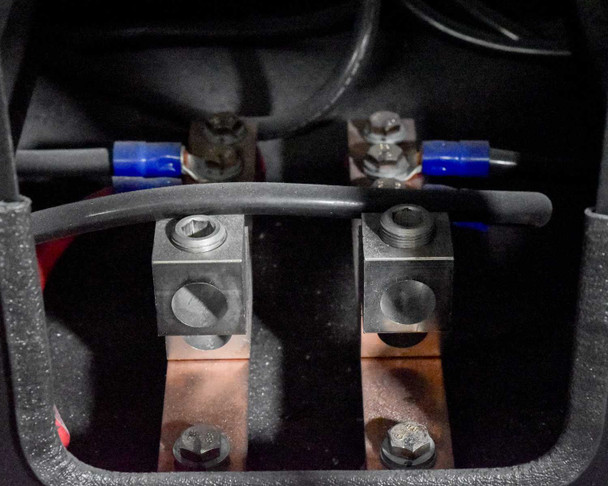 Eaton 9390 battery cabinet DC bus bar connection terminals — copper lugs and wiring detail