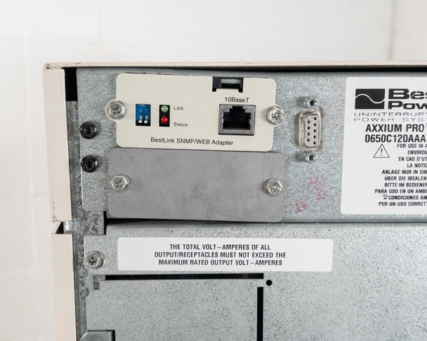 Best Power Axxium Pro rear panel closeup showing BestLink SNMP/WEB Adapter with 10BaseT LAN port, status LEDs, and DB-9 RS-232 serial port