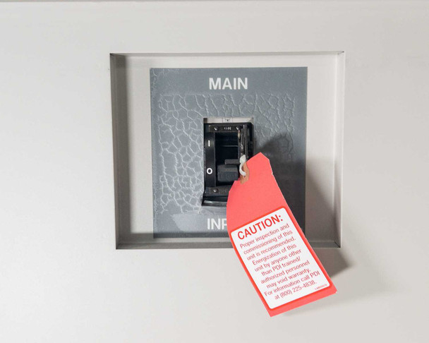 PDI Power Pak M-4 main input breaker panel — labeled MAIN with 250A breaker shown in OFF position with red CAUTION tag attached