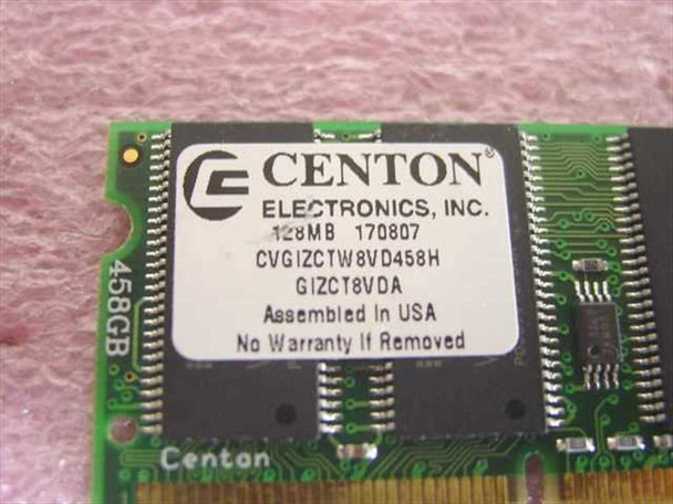 Centon Electronics GIZCT8VDA 128MB SO-DIMM — close-up of label showing 128MB, part numbers CVGIZCTW8VD458H and GIZCT8VDA, Assembled in USA