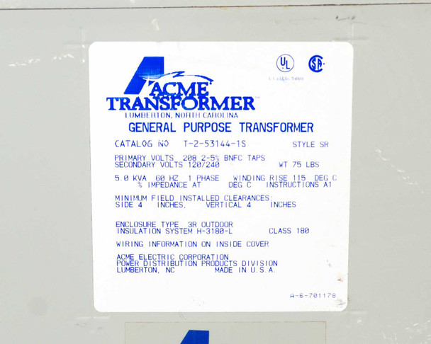 ACME T-2-53144-1S General Purpose Transformer Pri 208V Sec 120/240V 5kVA