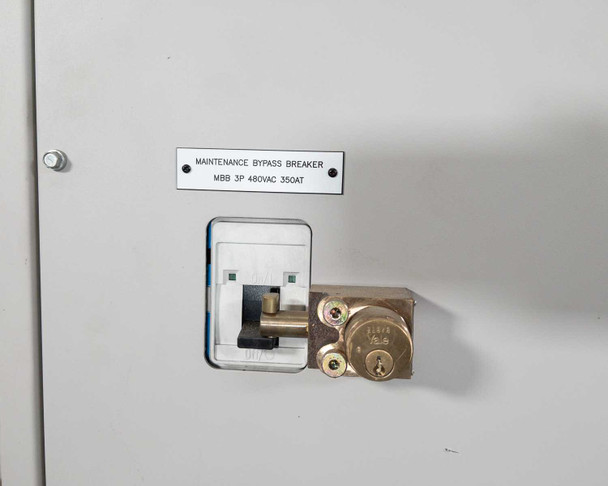 Transfer switch front panel showing Maintenance Bypass Breaker labeled MBB 3P 480VAC 350AT with key lock
