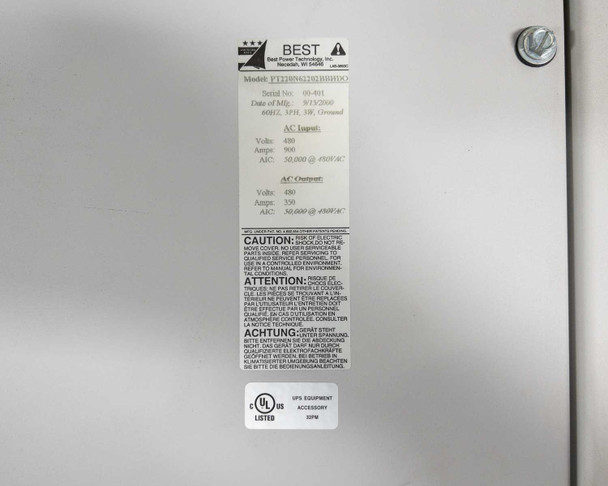 Best Power Technology PT220N62202BBHDO rating plate showing 480V AC input 900A and 480V AC output 350A specs