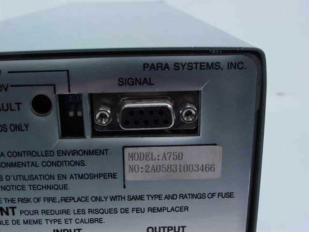 Para Systems A750 model and serial number label closeup with DB9 signal port — MODEL: A750