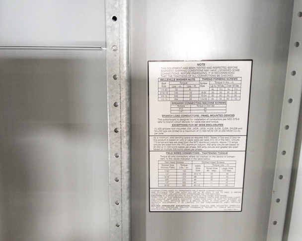Siemens switchboard interior wiring instruction label – panel-mounted label showing conductor installation specs, torque requirements, and NEC compliance notes
