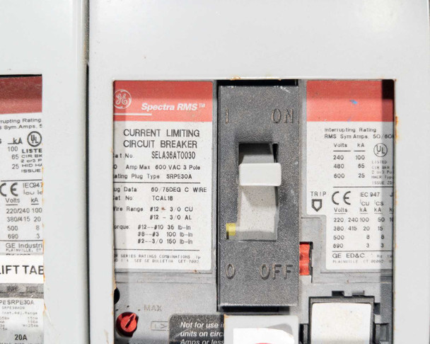 GE Spectra RMS Current Limiting Circuit Breaker SELA36AT0030 30A – additional close-up of breaker label showing lug data and wire range specifications