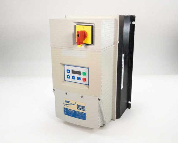 Lenze AC Tech ESV552N04TMC SMVector frequency inverter drive — right-front three-quarter view showing enclosure, rotary disconnect switch, and front operator panel