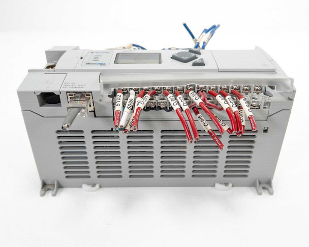 Allen Bradley 1766-L32BWA MicroLogix 1400 PLC – right-side view showing relay output terminals with red-labeled wires and RJ45 Ethernet port