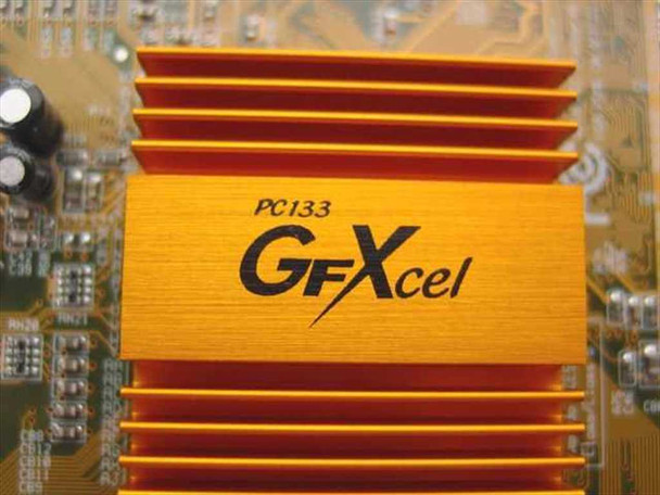PC Chips 528mE11 GFXcel PC133 heatsink closeup showing GFXcel branding and PC133 designation