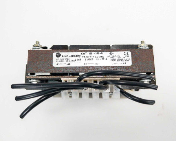 Allen Bradley 1321-3R8-B label showing Cat No., Part 150134, 3mH, 8A, 600V rating plate and CE mark