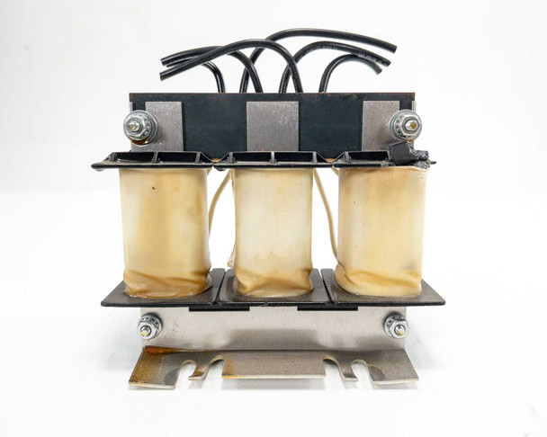 Allen Bradley 1321-3R8-B line reactor, rear view showing three coil cores and stainless mounting base