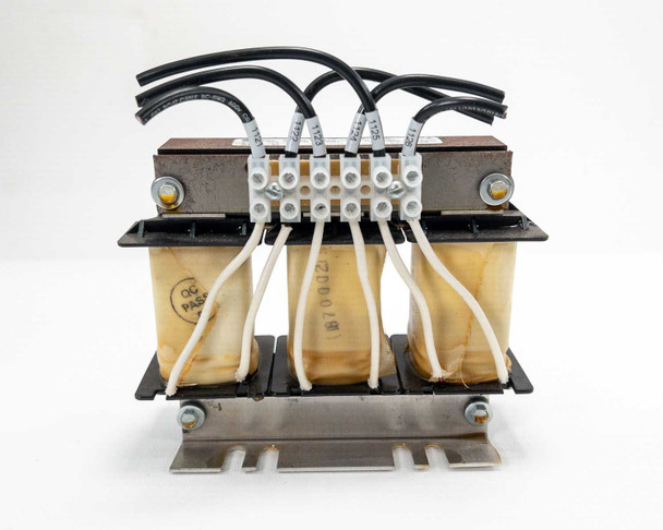 Allen Bradley 1321-3R8-B line reactor, straight front view showing three coil cores and multi-conductor terminal connections