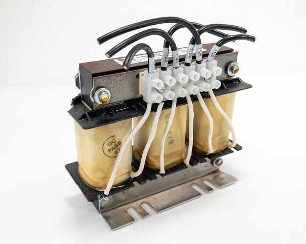 Allen Bradley 1321-3R8-B 3-phase line reactor, angled front-left view showing three wound coils and terminal block wiring