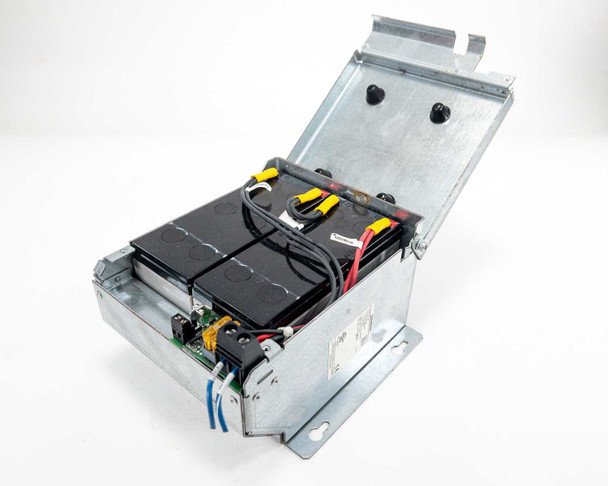 Siemens SITOP UPS1100 battery module — lid open showing two sealed lead acid batteries with yellow-capped interconnect cables and PCB