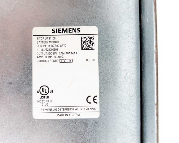 Siemens 6EP4134-0GB00-0AY0 rating label closeup — shows part number, 24V DC 7Ah 40A max output, AMB TEMP 0–40°C, UL Listed, CE mark, Made in Austria