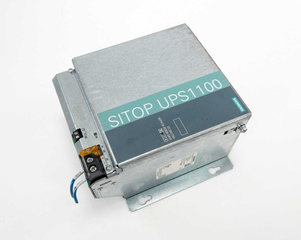 Siemens SITOP UPS1100 6EP4134-0GB00-0AY0 battery module — top/front three-quarter view showing teal label and mounting bracket