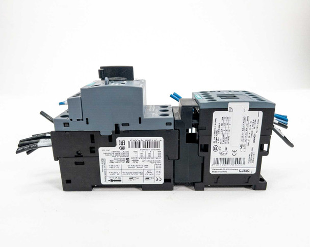 Siemens 3RV2011-1EA15 circuit breaker and 3RT2018-1BB41 contactor assembled — rear view showing bottom terminals and DIN rail clips